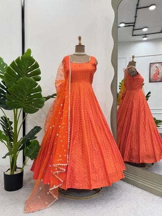 Orange Elegant Jacquard Silk Ensemble
