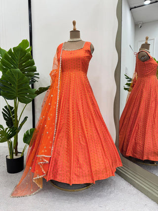 Orange Elegant Jacquard Silk Ensemble