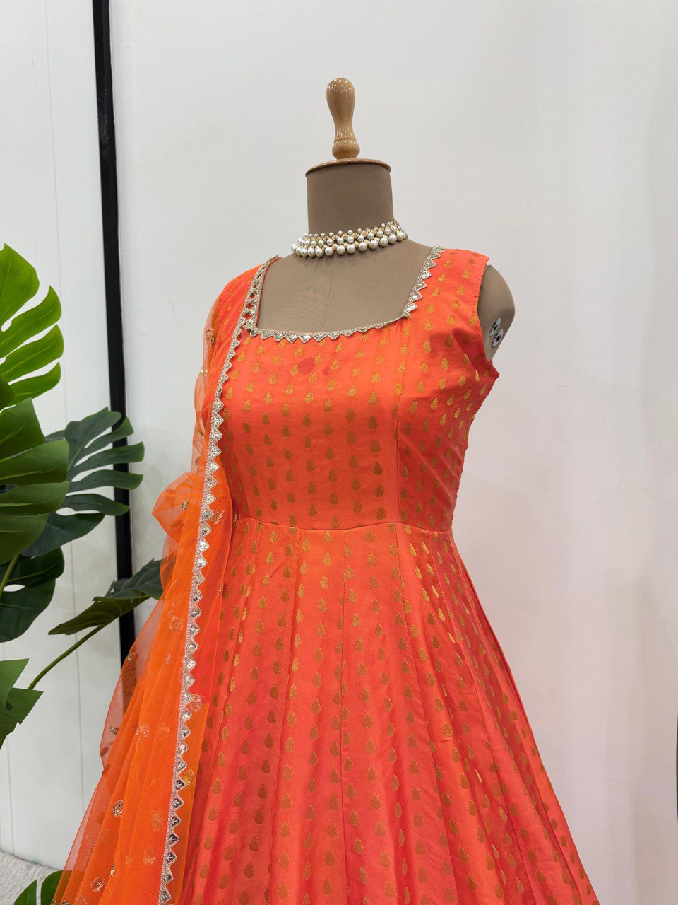Orange Elegant Jacquard Silk Ensemble