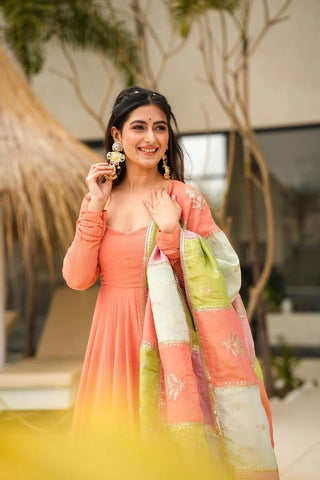 Dusty Orange Elegant Jalpari Silk Suit Set with Digital Print Dupatta