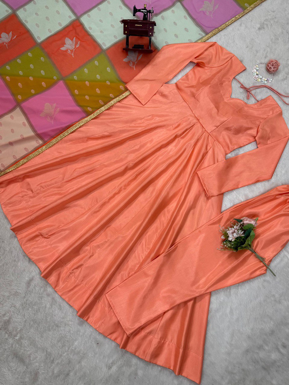 Dusty Orange Elegant Jalpari Silk Suit Set with Digital Print Dupatta