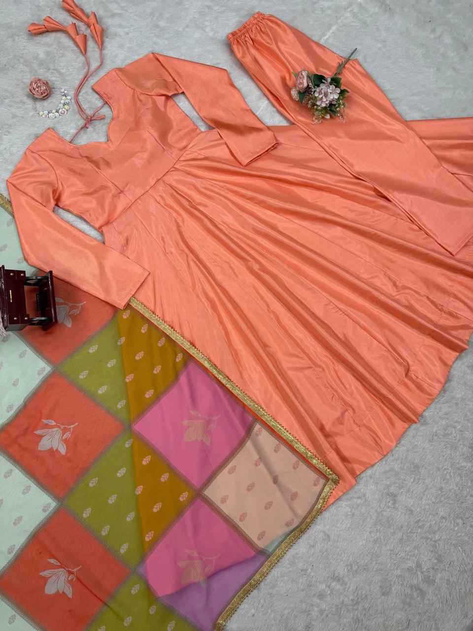 Dusty Orange Elegant Jalpari Silk Suit Set with Digital Print Dupatta