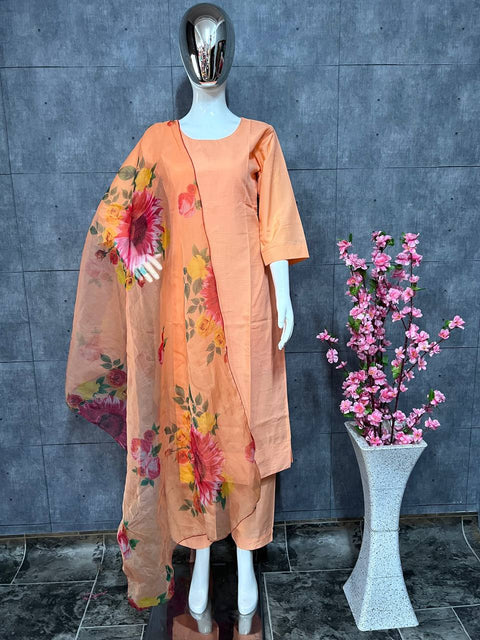 Dusty Orange Elegant Maska Cotton Silk Straight Suit Set with Floral Organza Dupatta Main image