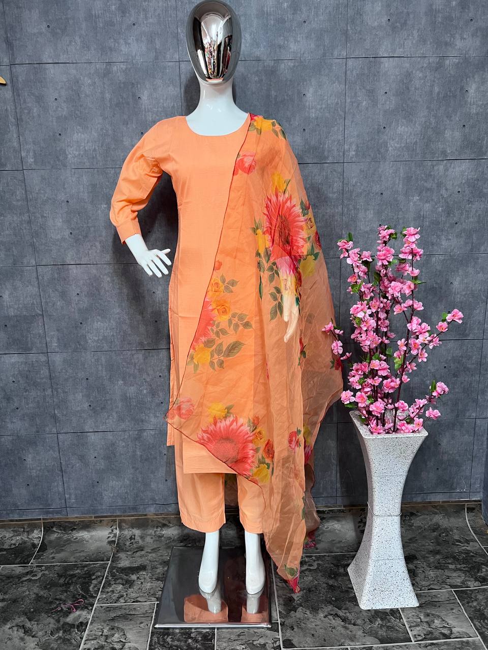 Dusty Orange Elegant Maska Cotton Silk Straight Suit Set with Floral Organza Dupatta Secondary image