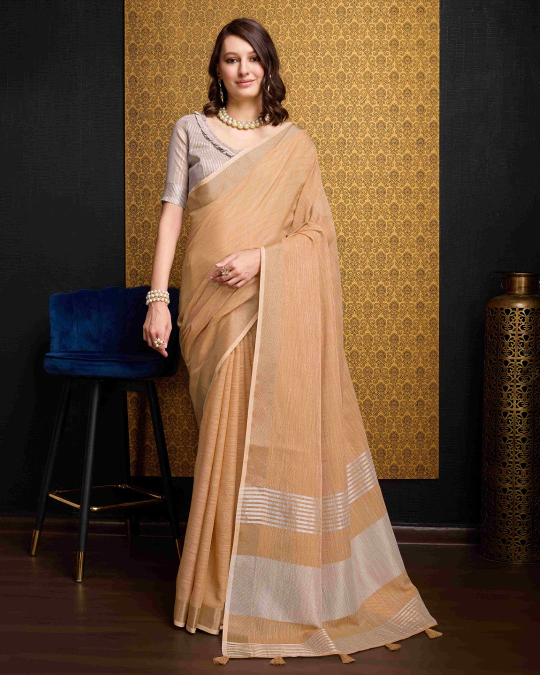 Dusty Orange Elegant Solid Saree with Zari Border – Timeless Grace ClothsVilla Main image