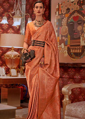 Dusty Orange Graceful Kanjivaram Silk Blend Saree – Woven Design ClothsVilla