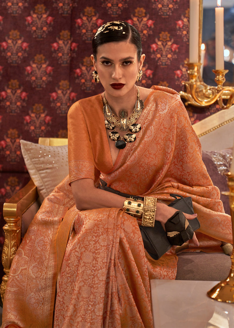 Dusty Orange Graceful Kanjivaram Silk Blend Saree – Woven Design ClothsVilla