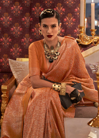 Dusty Orange Graceful Kanjivaram Silk Blend Saree – Woven Design ClothsVilla
