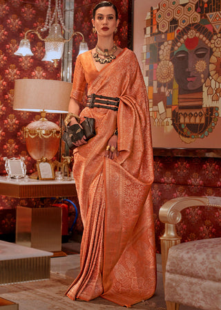 Dusty Orange Graceful Kanjivaram Silk Blend Saree – Woven Design ClothsVilla