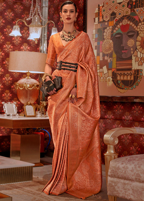 Dusty Orange Graceful Kanjivaram Silk Blend Saree – Woven Design ClothsVilla