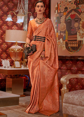 Dusty Orange Graceful Kanjivaram Silk Blend Saree – Woven Design ClothsVilla