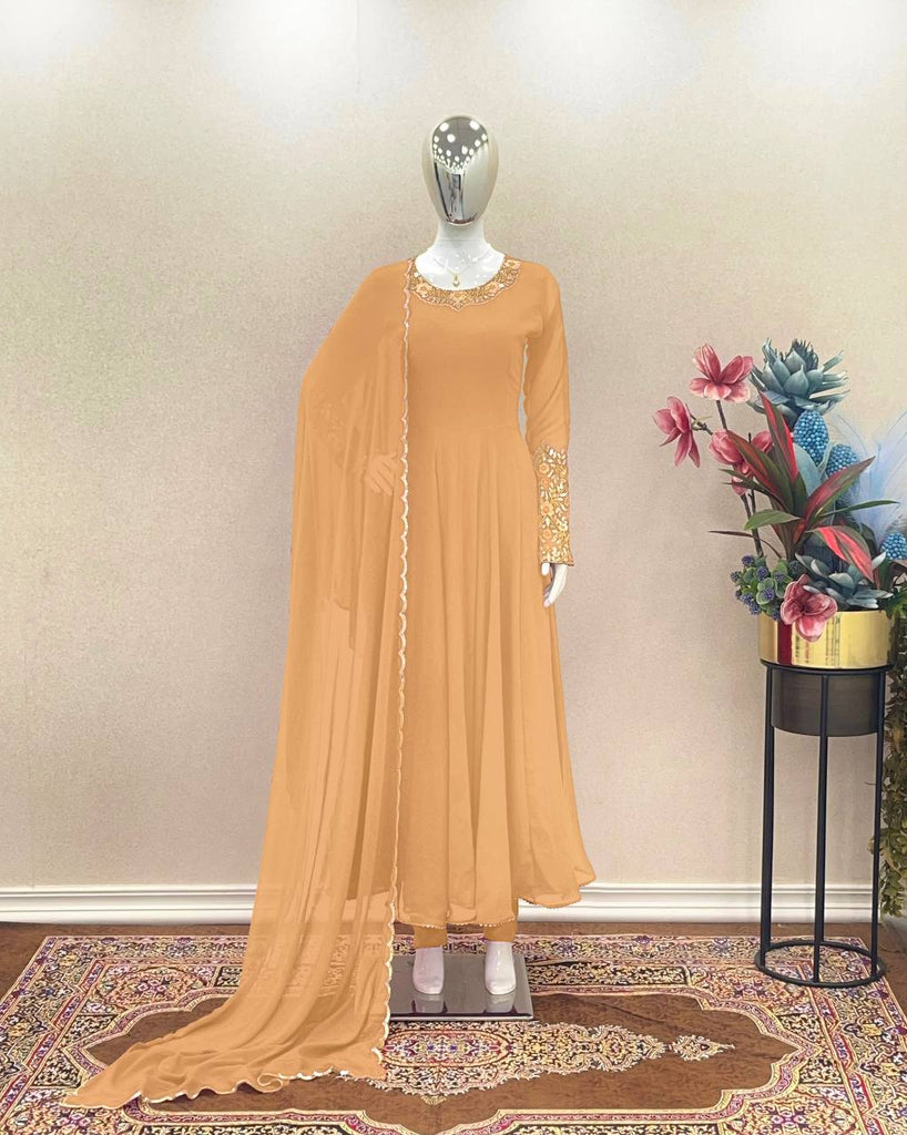 Dusty Orange Premium Designer Party Wear Anarkali Gown, Dupatta & Bottom Set Clothsvilla