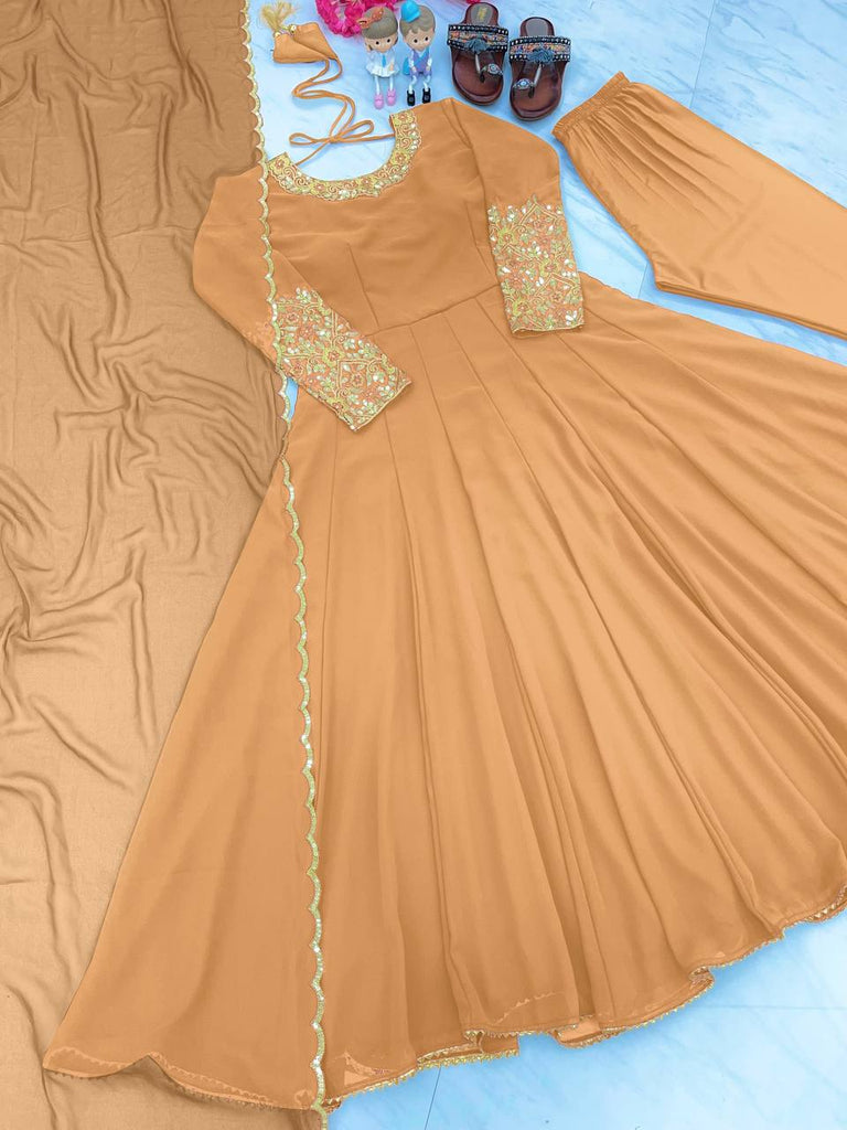 Dusty Orange Premium Designer Party Wear Anarkali Gown, Dupatta & Bottom Set Clothsvilla