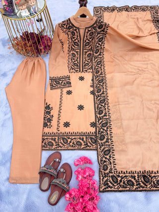 Dusty Orange Premium Designer Party Wear Top, Bottom & Dupatta Set Clothsvilla