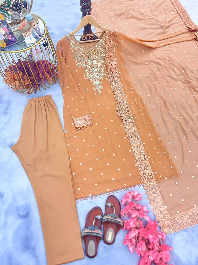 Dusty Orange Premium Designer Party Wear Top, Bottom & Dupatta Set Clothsvilla