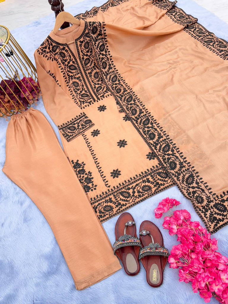 Dusty Orange Premium Designer Party Wear Top, Bottom & Dupatta Set Clothsvilla