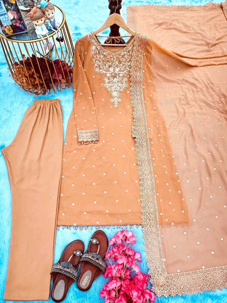 Dusty Orange Premium Designer Party Wear Top, Bottom & Dupatta Set Clothsvilla