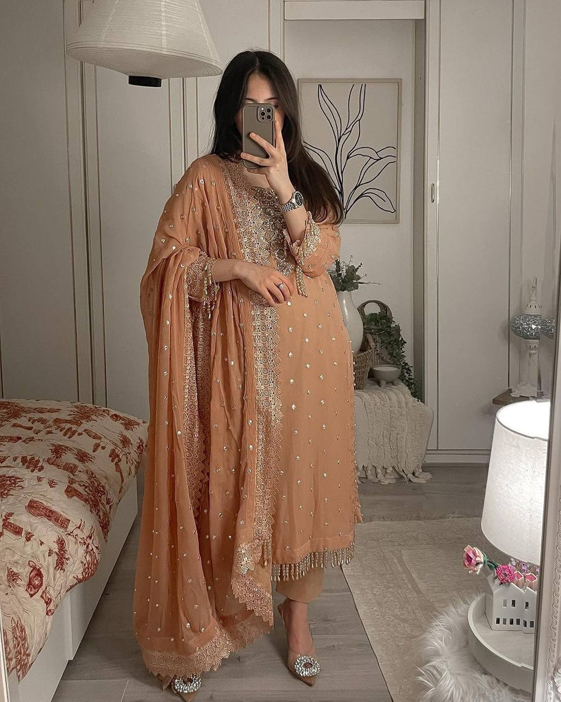 Dusty Orange Premium Designer Party Wear Top, Bottom & Dupatta Set Clothsvilla