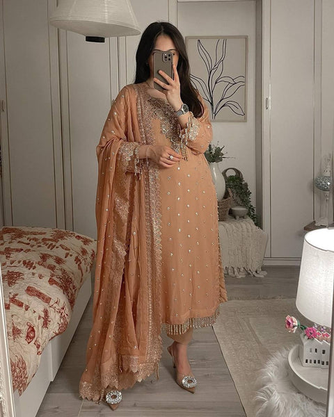 Dusty Orange Premium Designer Party Wear Top, Bottom & Dupatta Set Clothsvilla Main image