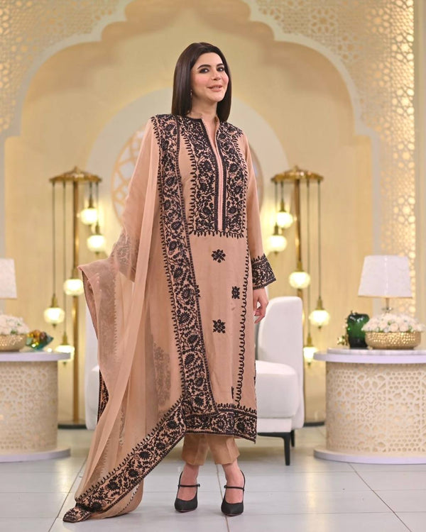 Dusty Orange Premium Designer Party Wear Top, Bottom & Dupatta Set Clothsvilla