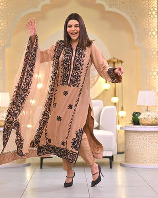 Dusty Orange Premium Designer Party Wear Top, Bottom & Dupatta Set Clothsvilla