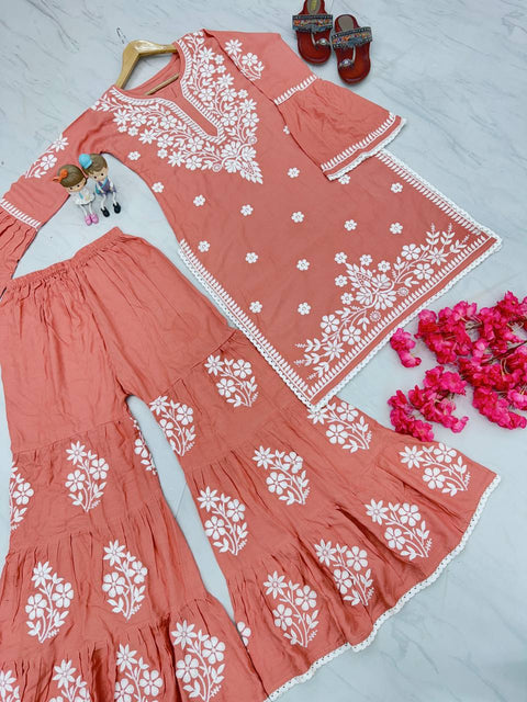 Dusty Orange Premium Designer Rayon Top & Plazzo Set with Intricate Chickenkari Embroidery Clothsvilla Main image