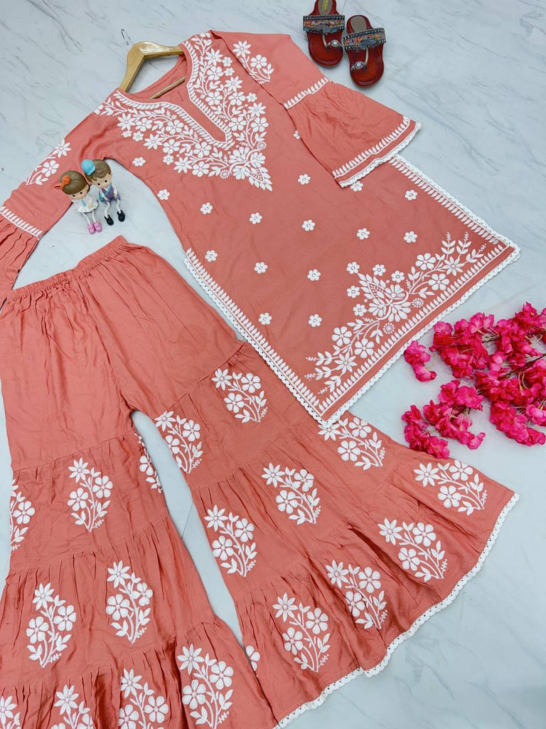 Dusty Orange Premium Designer Rayon Top & Plazzo Set with Intricate Chickenkari Embroidery Clothsvilla