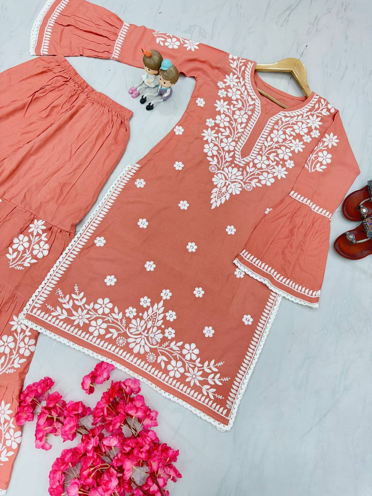 Dusty Orange Premium Designer Rayon Top & Plazzo Set with Intricate Chickenkari Embroidery Clothsvilla