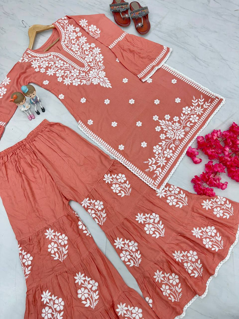 Dusty Orange Premium Designer Rayon Top & Plazzo Set with Intricate Chickenkari Embroidery Clothsvilla