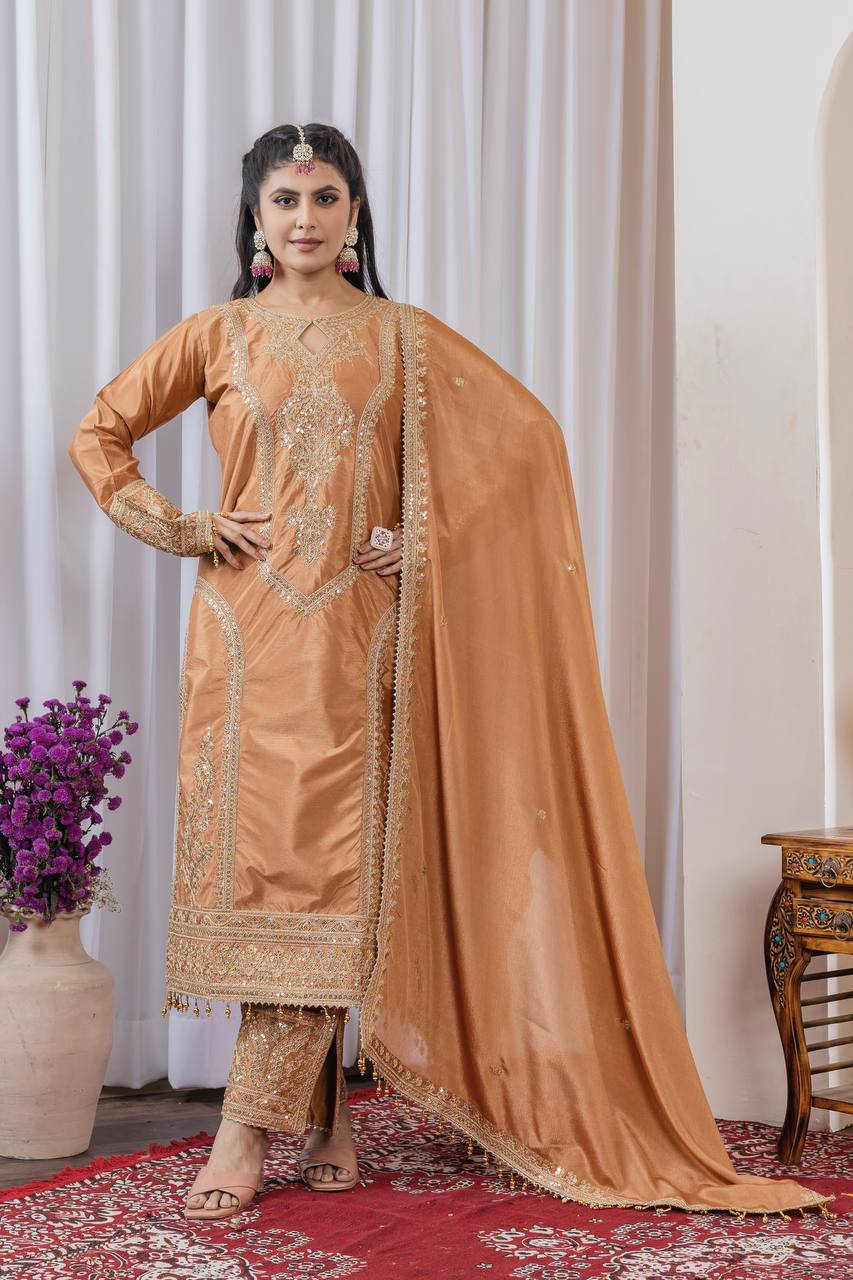 Dusty Orange Premium Designer Readymade Chinon Silk Top, Plazzo & Dupatta Set – Party Wear Elegance