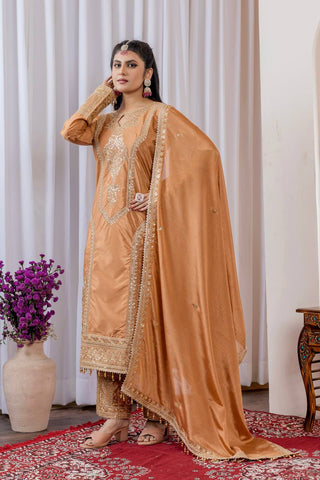 Dusty Orange Premium Designer Readymade Chinon Silk Top, Plazzo & Dupatta Set – Party Wear Elegance