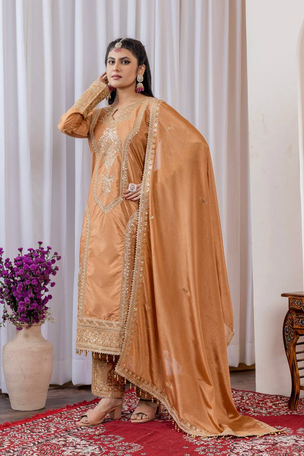 Dusty Orange Premium Designer Readymade Chinon Silk Top, Plazzo & Dupatta Set – Party Wear Elegance