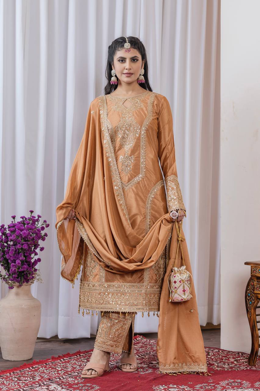 Dusty Orange Premium Designer Readymade Chinon Silk Top, Plazzo & Dupatta Set – Party Wear Elegance