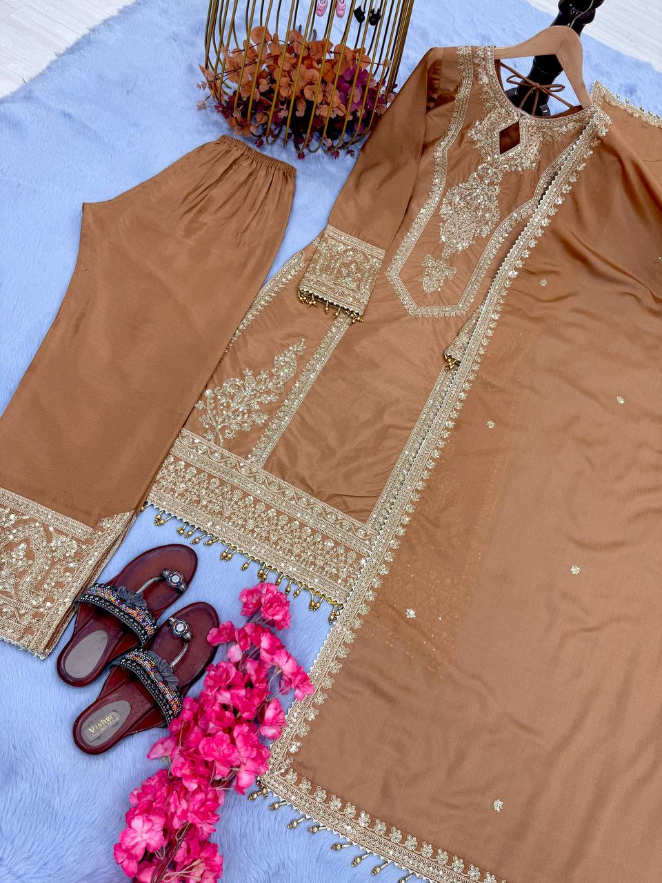 Dusty Orange Premium Designer Readymade Chinon Silk Top, Plazzo & Dupatta Set – Party Wear Elegance