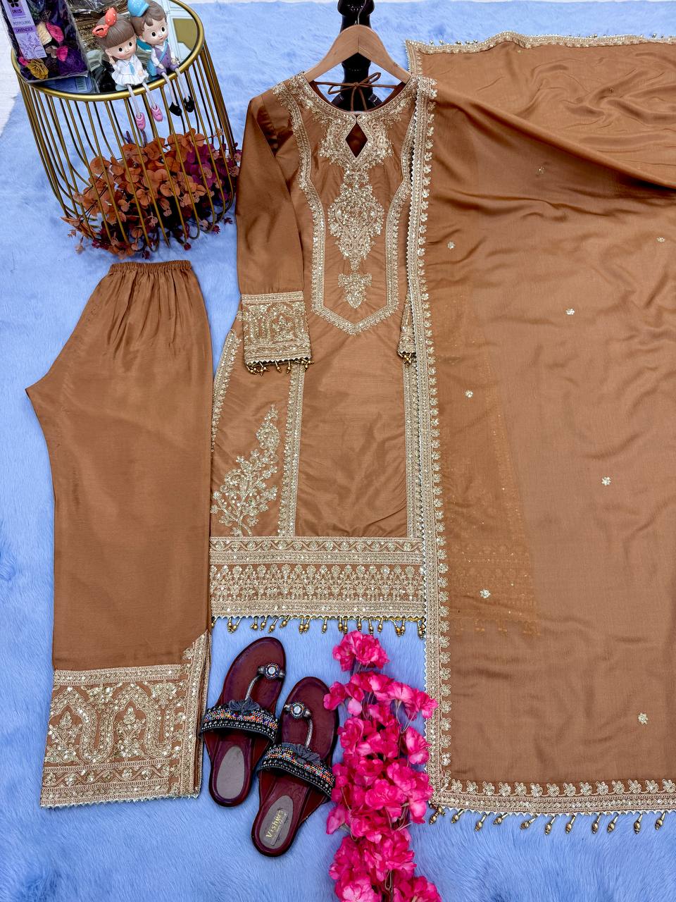 Dusty Orange Premium Designer Readymade Chinon Silk Top, Plazzo & Dupatta Set – Party Wear Elegance