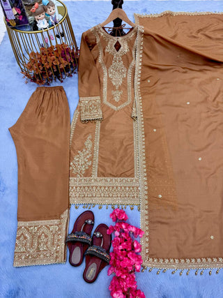 Dusty Orange Premium Designer Readymade Chinon Silk Top, Plazzo & Dupatta Set – Party Wear Elegance