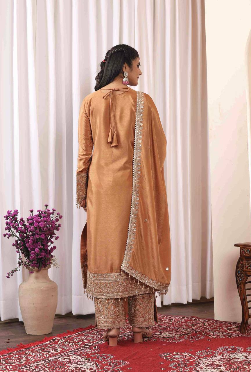 Dusty Orange Premium Designer Readymade Chinon Silk Top, Plazzo & Dupatta Set – Party Wear Elegance