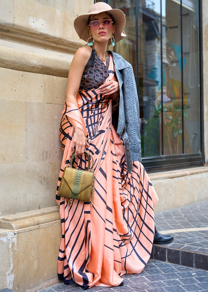 Dusty Orange Queen Digital Printed Satin Crepe Saree with Blouse Piece – Festive & Partywear ClothsVilla
