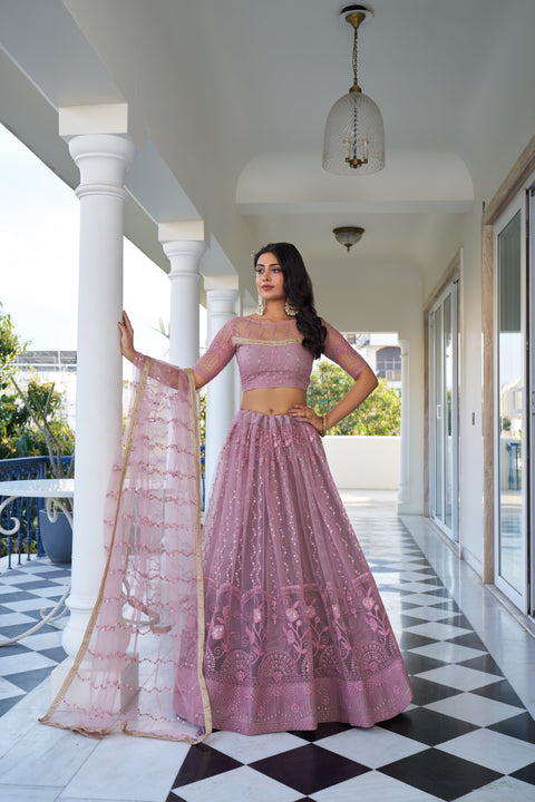 Dusty Pink Elegant Butterfly Net Lehenga with Intricate Embroidery Main image