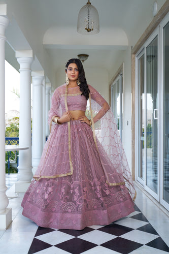 Dusty Pink Elegant Butterfly Net Lehenga with Intricate Embroidery