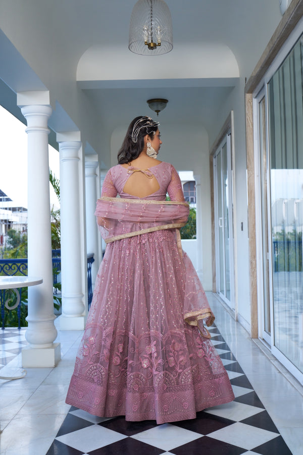 Dusty Pink Elegant Butterfly Net Lehenga with Intricate Embroidery