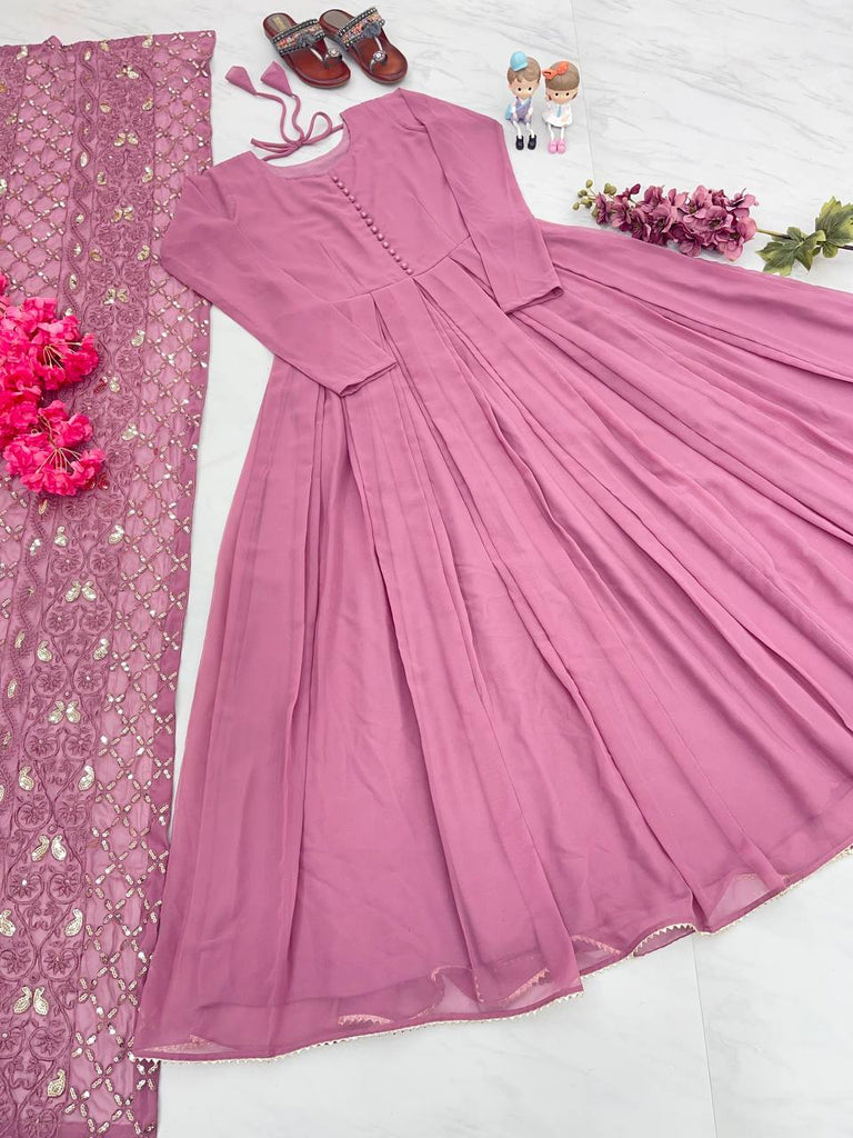 Dusty Pink Elegant Designer Party Wear Gown & Dupatta Set Clothsvilla