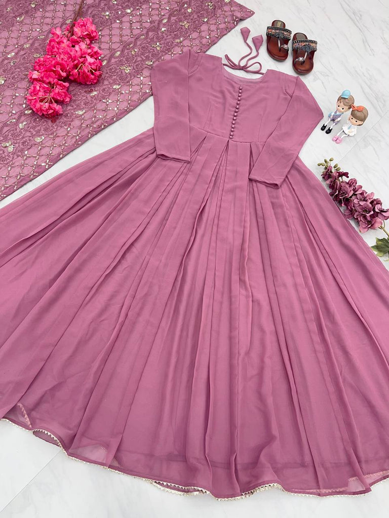 Dusty Pink Elegant Designer Party Wear Gown & Dupatta Set Clothsvilla