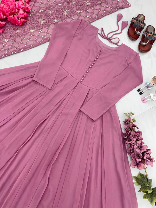 Dusty Pink Elegant Designer Party Wear Gown & Dupatta Set Clothsvilla
