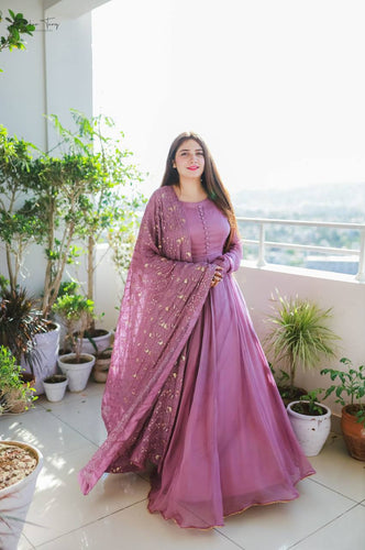 Dusty Pink Elegant Designer Party Wear Gown & Dupatta Set Clothsvilla