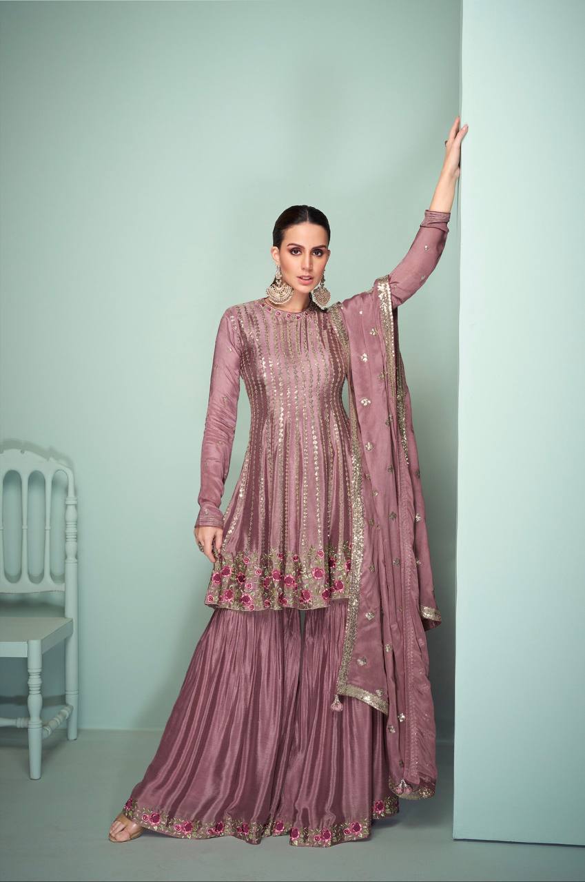 Dusty Pink Elegant Embroidered Chinon Suit Set Clothsvilla Main image