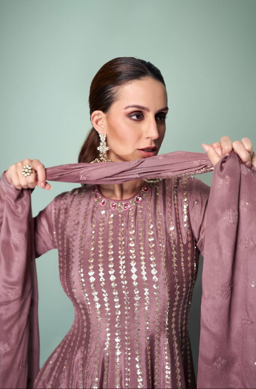 Dusty Pink Elegant Embroidered Chinon Suit Set Clothsvilla