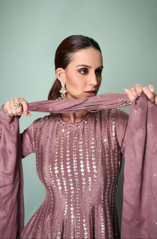 Dusty Pink Elegant Embroidered Chinon Suit Set Clothsvilla