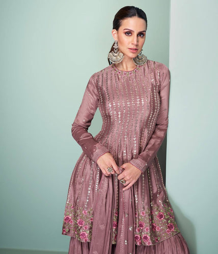Dusty Pink Elegant Embroidered Chinon Suit Set Clothsvilla
