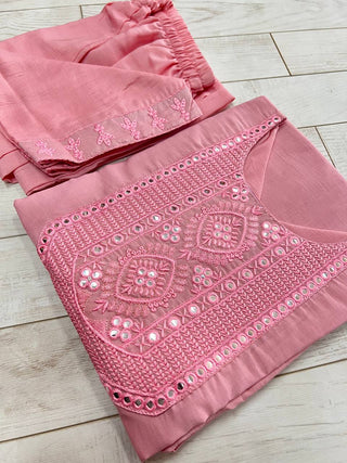 Dusty Pink Elegant Maska Cotton Silk Embroidered Kurti Suit Set with Plazo